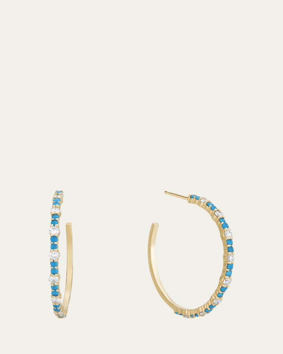 Small Turquoise and Diamond Hoop Earrings, 30mm